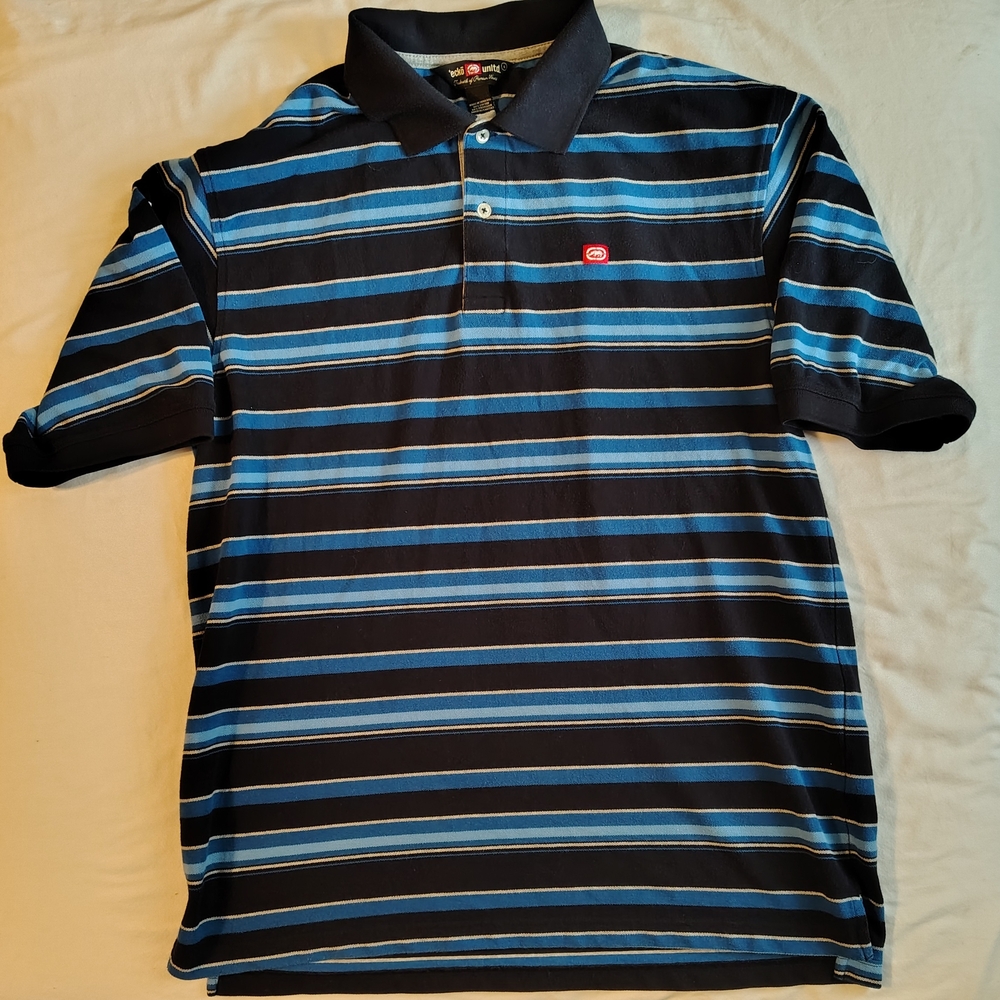 Ecko Unlimited Vintage Blue and Black Striped Polo Shirt Y2K Size Large